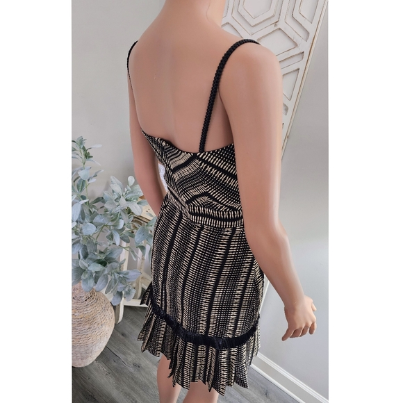 Alexis Grazie Black Beige Stripe Print Pleated Raffia Trim Mini Dress - Picture 7 of 16